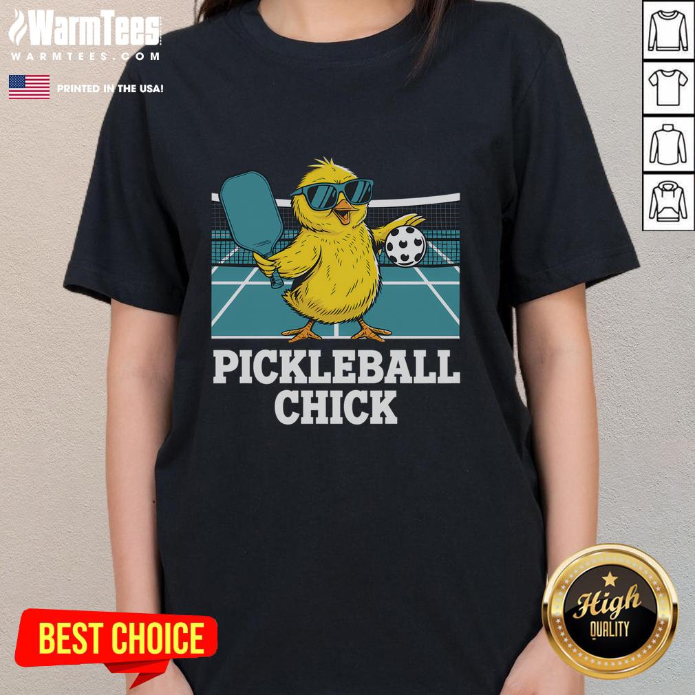 Funny pickleball chick sports tee featuring a playful pickle graphic, perfect for ladies who love pickleball.