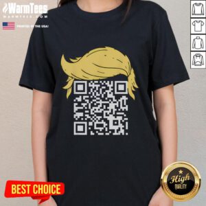Funny QR President Trump dance QR code graphic on a ladies tee, perfect for humor and political apparel enthusiasts.