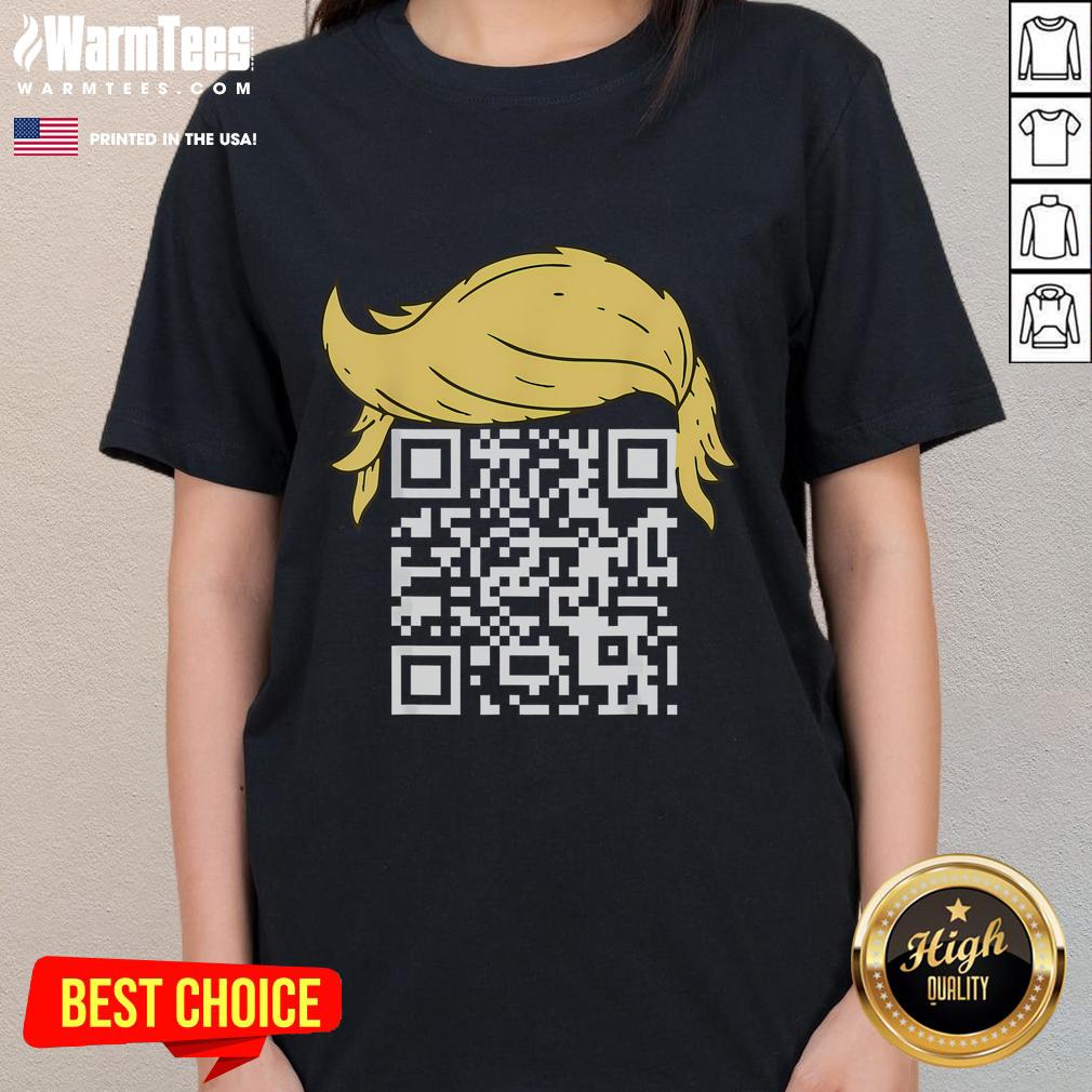 Funny QR President Trump dance QR code graphic on a ladies tee, perfect for humor and political apparel enthusiasts.