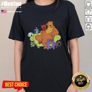 Good Bear in the blue house chair on a ladies tee, showcasing playful design perfect for casual wear.