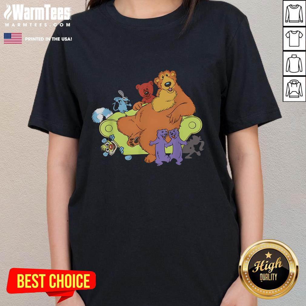 Good Bear in the blue house chair on a ladies tee, showcasing playful design perfect for casual wear.