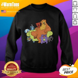 Good bear in a blue house chair wearing a cozy sweatshirt, showcasing a cute and playful design.