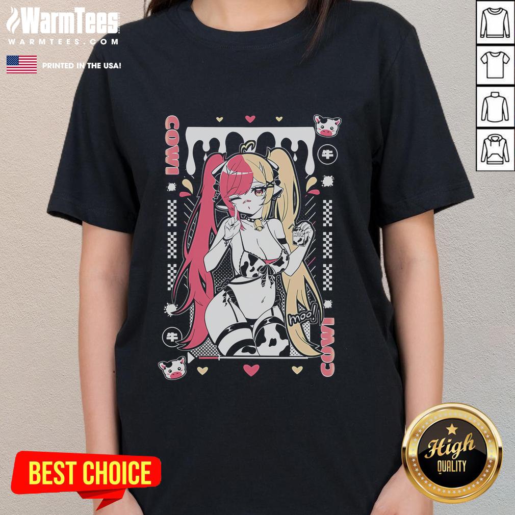 Hot Cowi Milk splash design on a Vtuber ladies' tee, perfect for fans of anime and quirky fashion.
