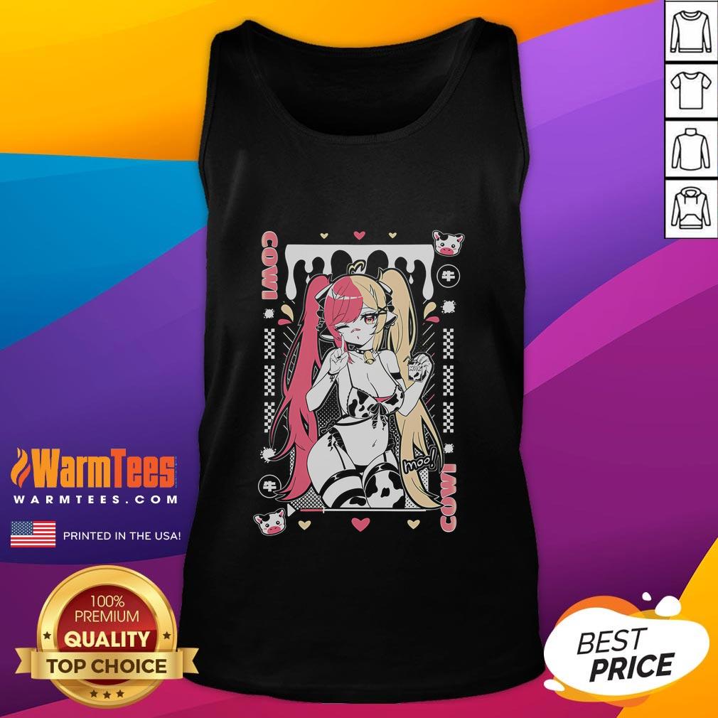 Hot Cowi Milk splash design on a Vtuber tank top, vibrant colors and playful graphics for anime and gaming fans.