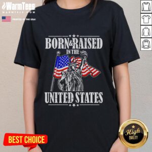 Patriotic design ladies tee featuring the USA American flag, perfect for celebrating being born in the United States.