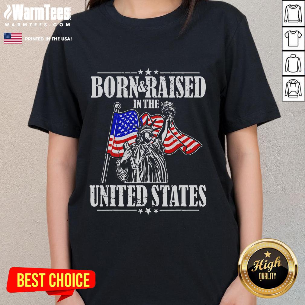 Patriotic design ladies tee featuring the USA American flag, perfect for celebrating being born in the United States.