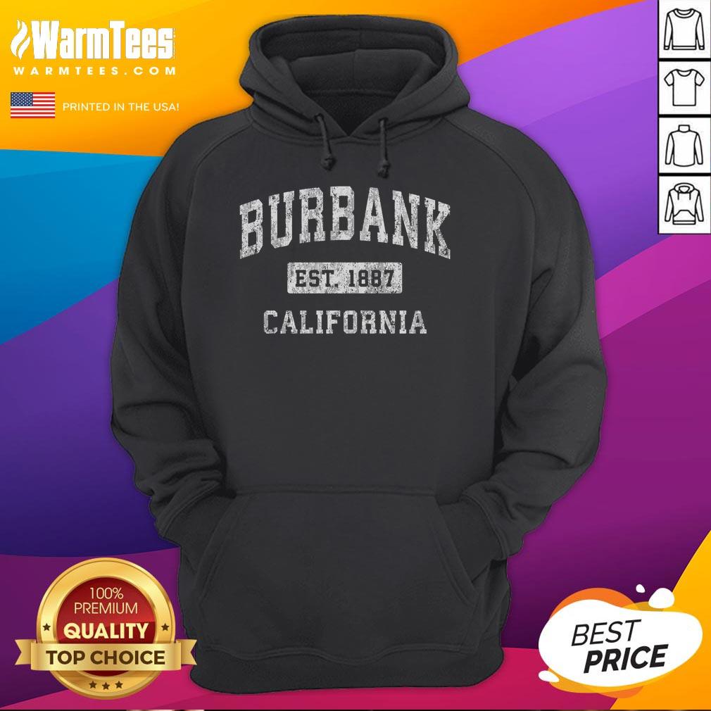 Vintage Burbank California hoodie showcasing established sports design, perfect for casual wear and local pride.