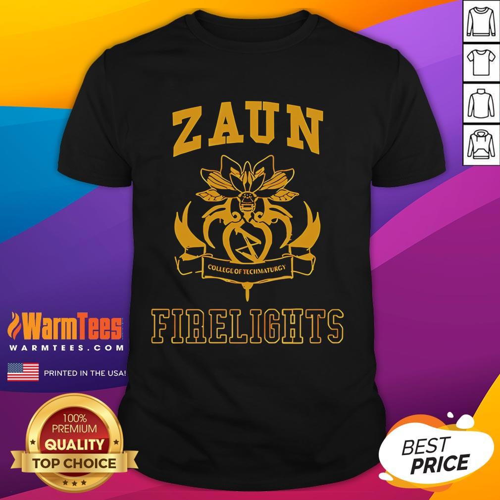 Top Zaun Firelights College of Techmaturgy T-Shirt featuring vibrant design and logo, perfect for tech enthusiasts.