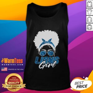 Cute lion graphic on a girl's tank top with bandana and afro hair, perfect for football fans.