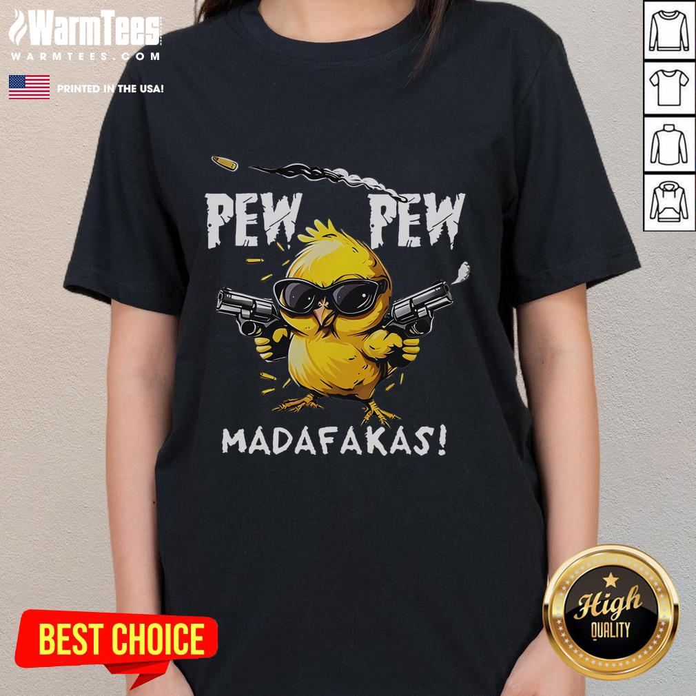 Alt Text: Cute Pew Pew Madafakas Chicken Ladies Tee featuring colorful chicken graphics and fun typography for poultry lovers.
