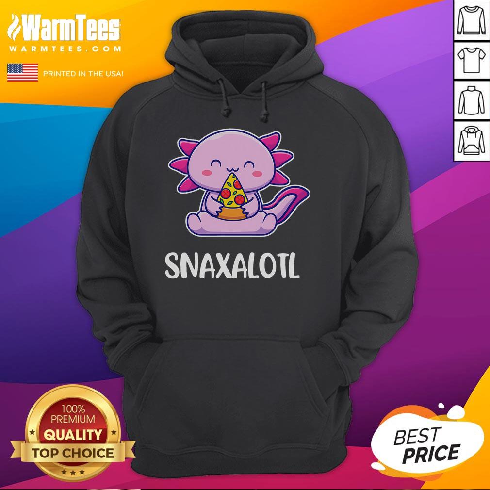 Cute Snaxalotl axolotl wearing a hoodie, enjoying pizza snacks in a playful setting, perfect for animal lovers.