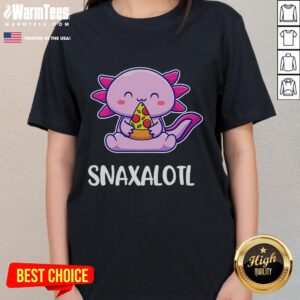 Cute Snaxalotl axolotl happily munching on pizza snacks, perfect for a fun ladies' tee design.