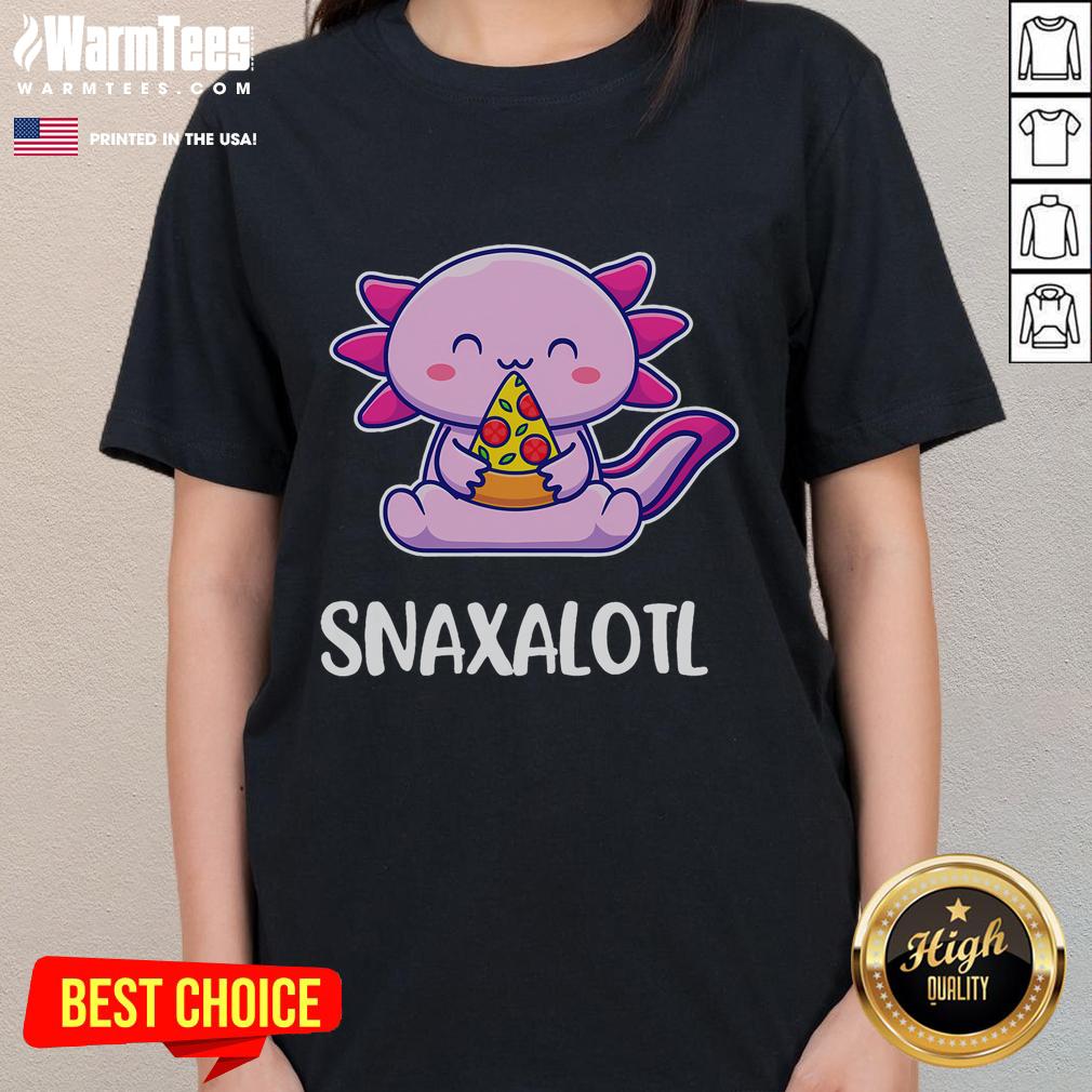 Cute Snaxalotl axolotl happily munching on pizza snacks, perfect for a fun ladies' tee design.