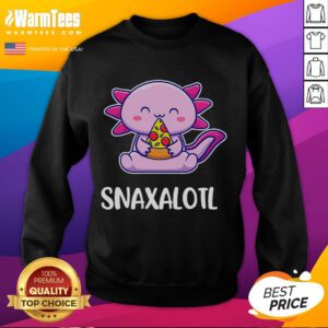 Cute Snaxalotl axolotl munching on pizza snacks, showcasing a fun sweatshirt design featuring adorable aquatic creatures.