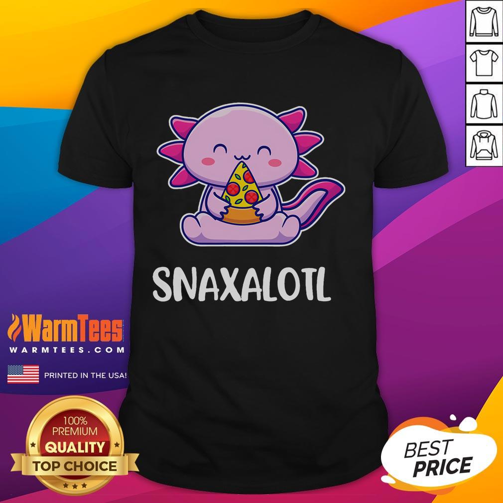 Alt Text: Cute Snaxalotl axolotl enjoying pizza snacks on a colorful T-shirt, perfect for animal lovers and pizza enthusiasts.