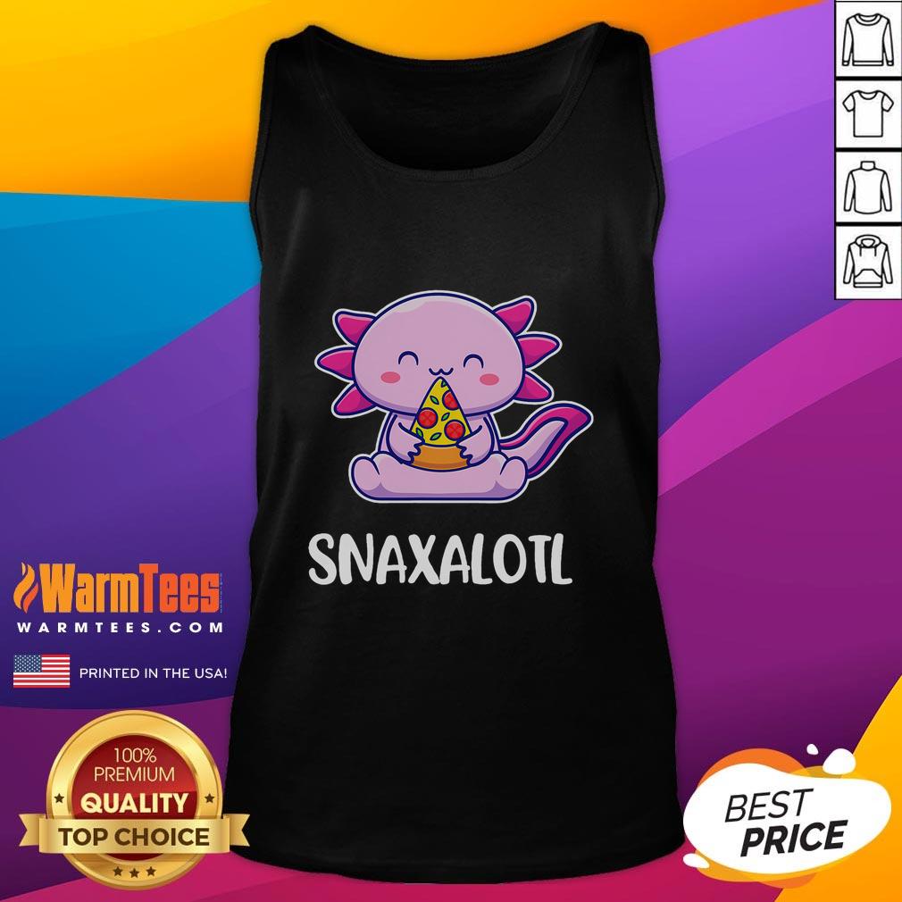 Cute Snaxalotl axolotl enjoying pizza snacks while wearing a tank top, showcasing its playful and adorable personality.