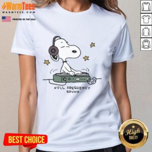 Cute Snoopy Full Frequency Sound Ladies Tee featuring a playful Snoopy graphic on a stylish women's t-shirt.