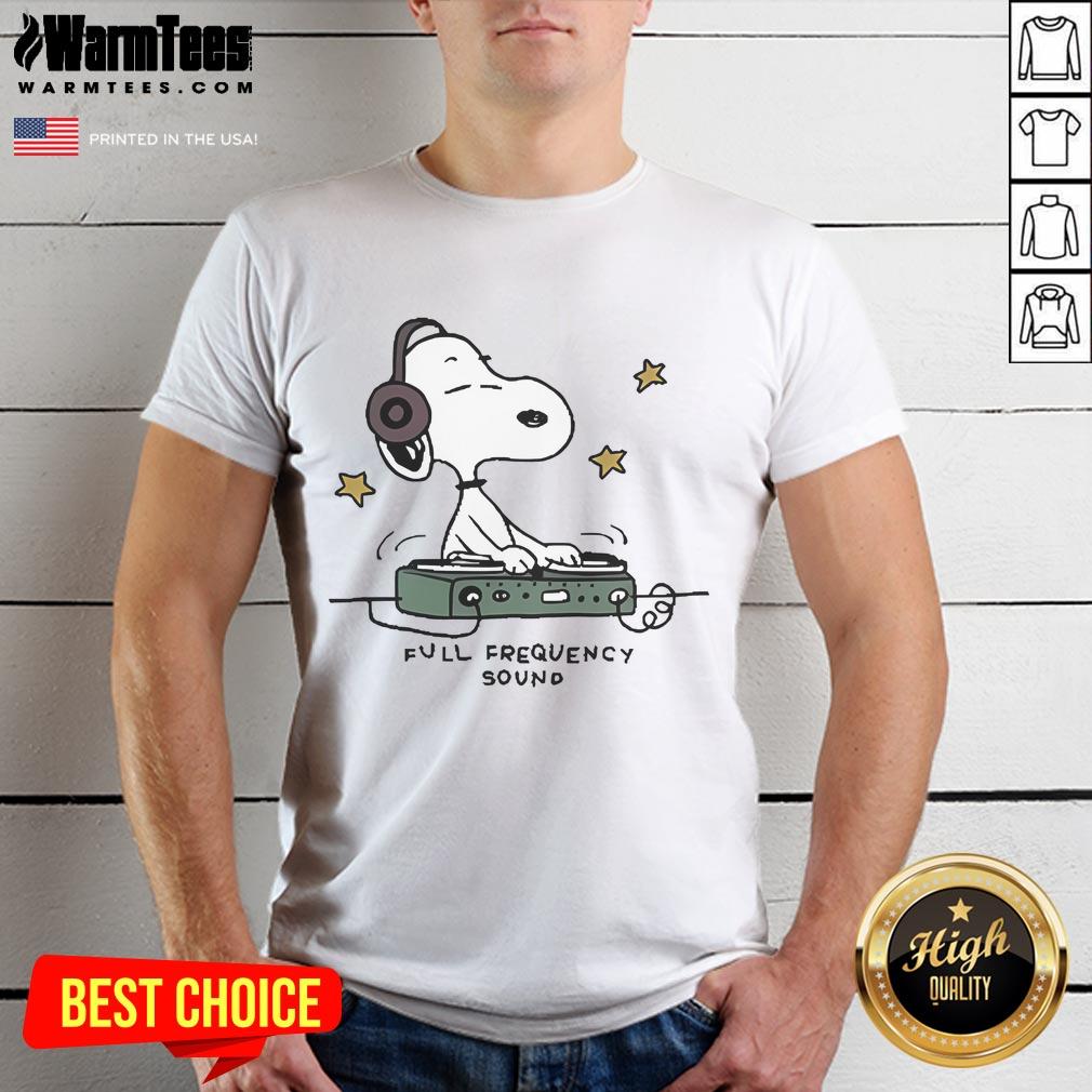 Alt Text: Cute Snoopy Full Frequency Sound T-Shirt featuring a playful Snoopy graphic and vibrant colors for music lovers.