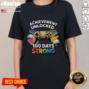 Funny Achievement Unlocked 100 Days Strong Video Game Ladies Tee featuring a playful graphic design for gamers.