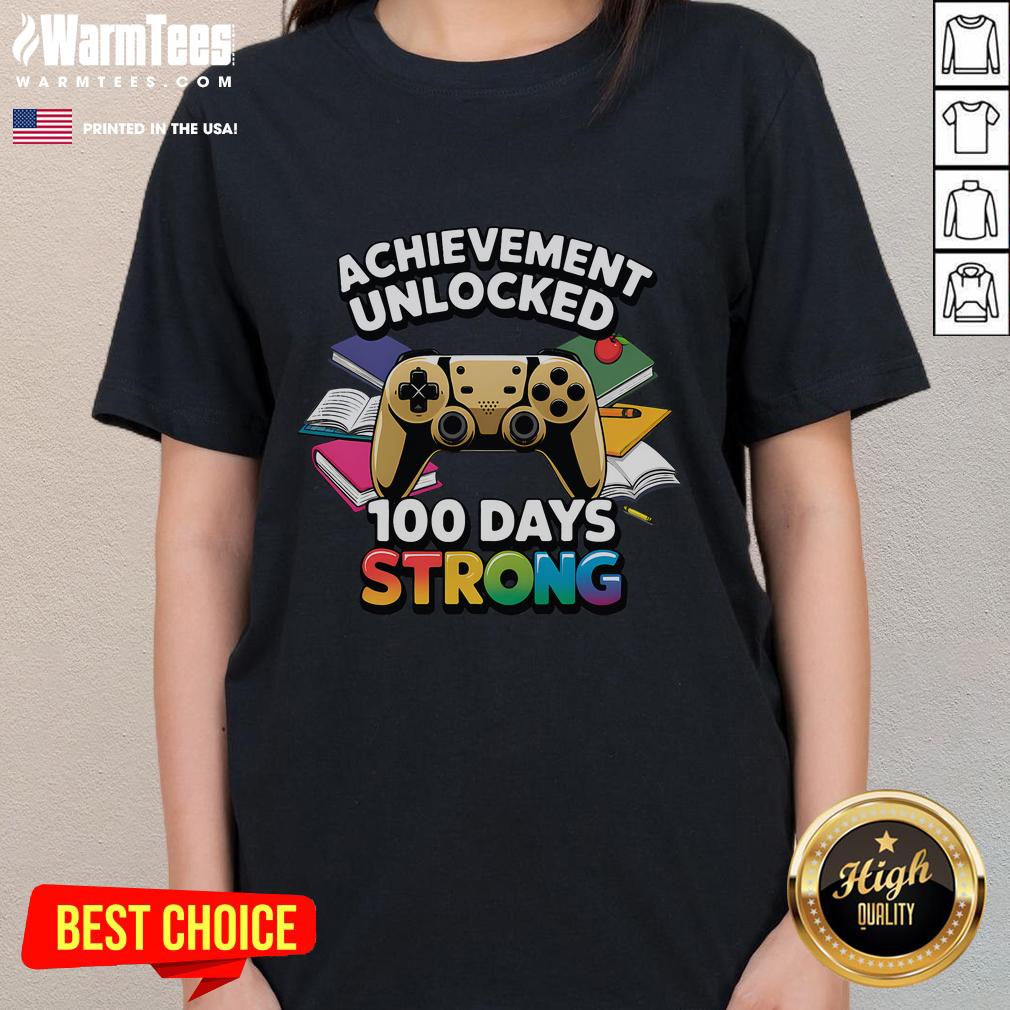 Funny Achievement Unlocked 100 Days Strong Video Game Ladies Tee featuring a playful graphic design for gamers.