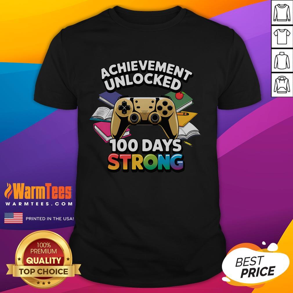Funny Achievement Unlocked 100 Days Strong video game t-shirt design featuring playful graphics and bold text for gamers.