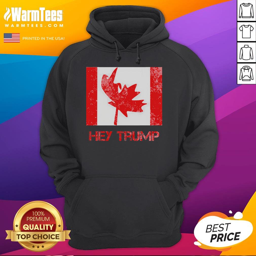 Funny 'Hey Trump' hoodie showcasing Canadian humor about US Democrats and Canadians, perfect for political satire lovers.