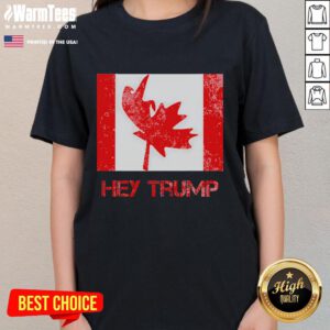 Funny 'Hey Trump' tee for Canadians, humorously depicting Democrats and U.S. relations, perfect for casual wear.