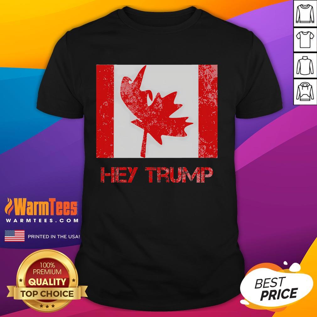 Funny Hey Trump Canada Democrats T-Shirt featuring humorous graphics, perfect for Canadians and political satire lovers.