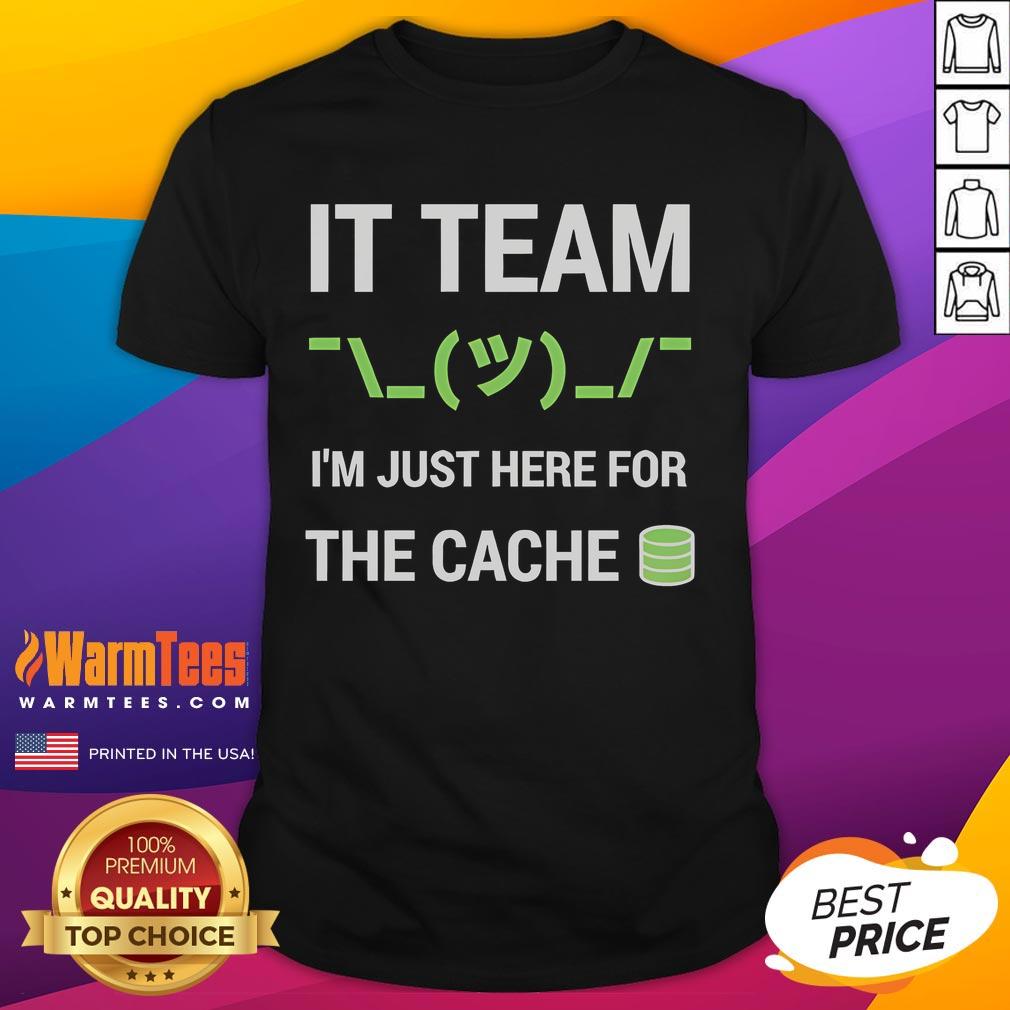Funny IT Support Tech Team joke t-shirt featuring I'm Just Here For The Cache design, perfect for tech enthusiasts.