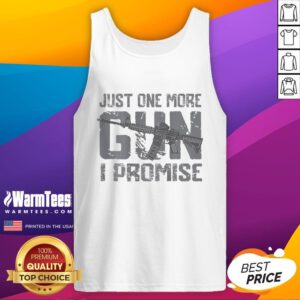 Funny vintage tank top featuring 'Just one more gun, I promise' slogan, perfect for firearm enthusiasts and casual wear.