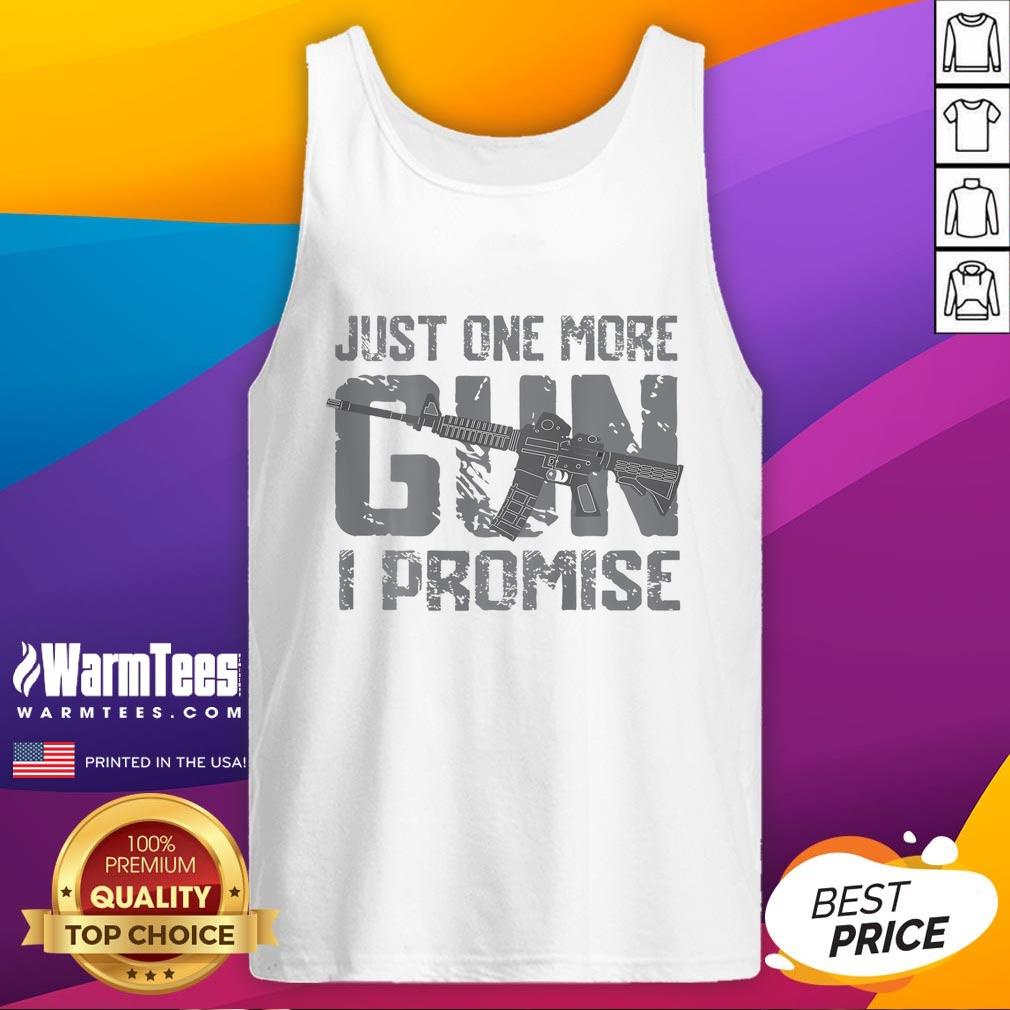 Funny vintage tank top featuring 'Just one more gun, I promise' slogan, perfect for firearm enthusiasts and casual wear.