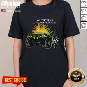 Funny military-grade mental health raccoon graphic on a burning truck, featured on a ladies tee for a humorous twist.