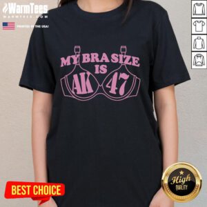 Funny 'My Bra Size Is AK-47' ladies tee featuring a humorous graphic design for casual wear.