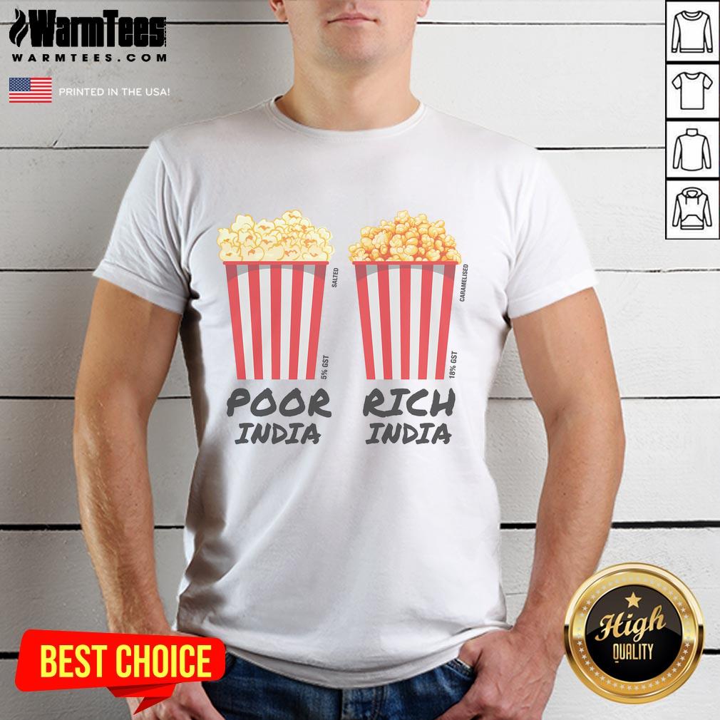 Funny Popcorn T-Shirt depicting 'Poor India Rich India' theme, showcasing humor and cultural commentary in vibrant design.