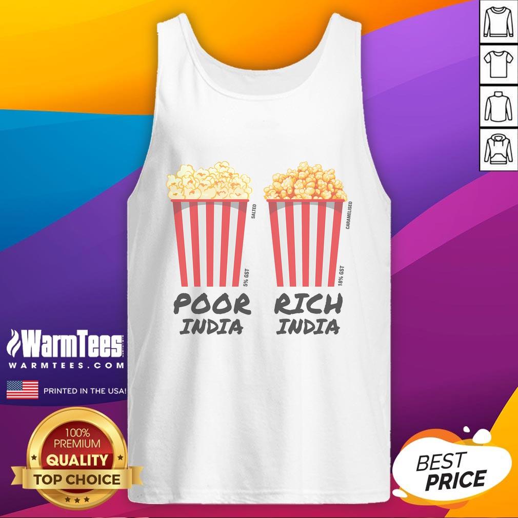 Funny Popcorn design on tank top showcasing contrasts between poor and rich India, perfect for casual wear.
