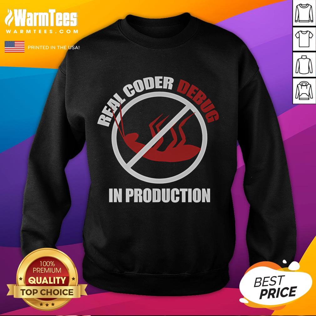 Funny Real Coder Debug In Production Sweatshirt featuring a humorous coding design for programmers and tech enthusiasts.