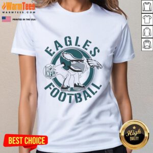 Cartoon character in a Philadelphia Eagles football rush zone, featured on a ladies' tee, perfect for fans.