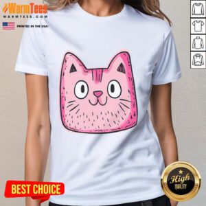 Smiling cat face with good pink whiskers on a ladies tee, perfect for cat lovers and stylish outfit enthusiasts.