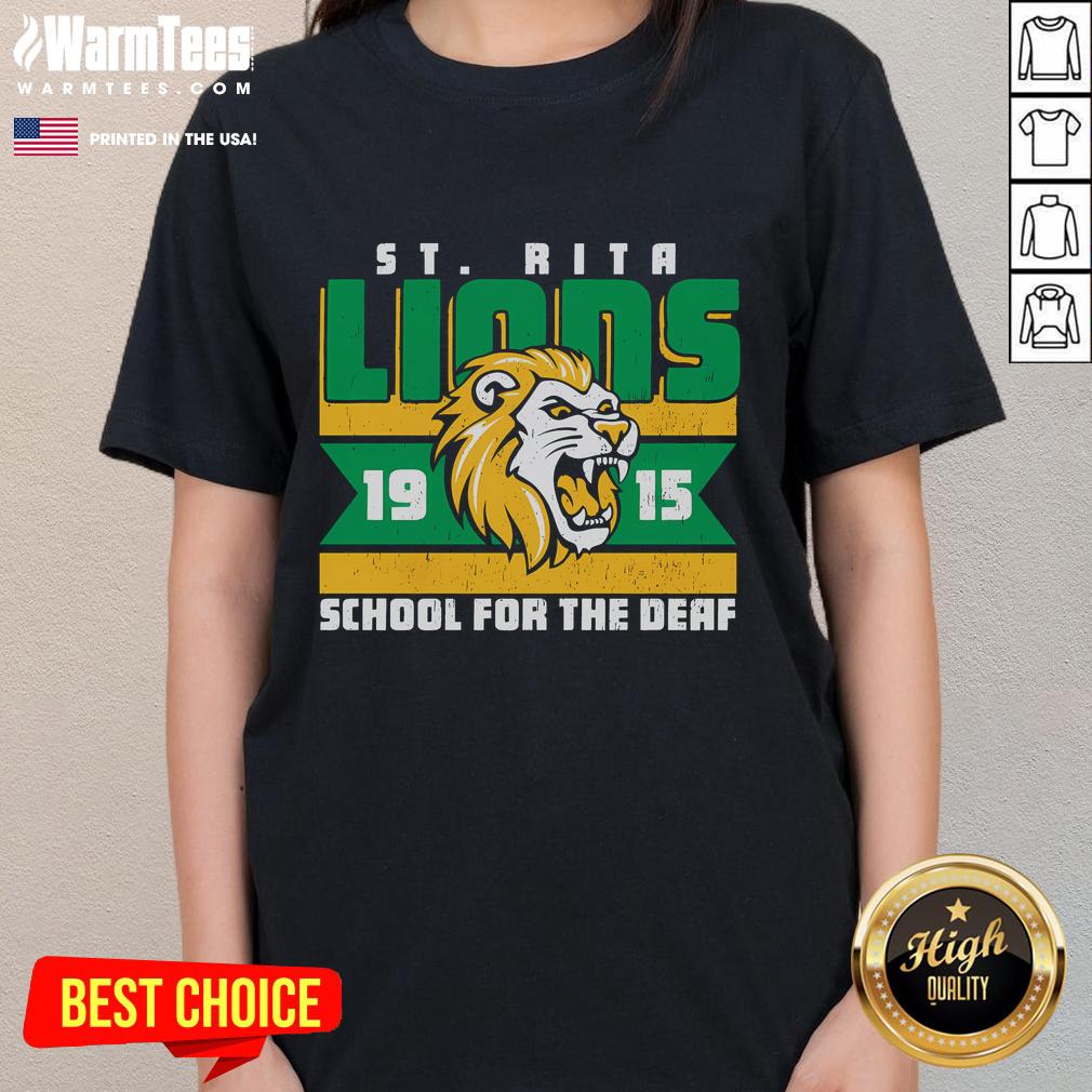 Alt Text: Official St. Rita School for the Deaf Lions 19-15 ladies tee showcasing school spirit and team pride in stylish design.
