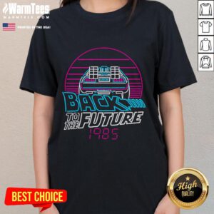 Awesome Back to the Future 1985 car graphic on retro sunset ladies tee, perfect for fans of vintage sci-fi apparel.