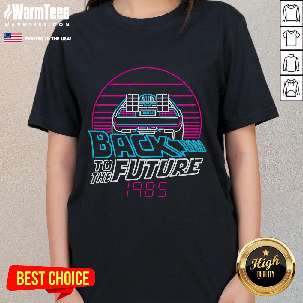 Awesome Back to the Future 1985 car graphic on retro sunset ladies tee, perfect for fans of vintage sci-fi apparel.
