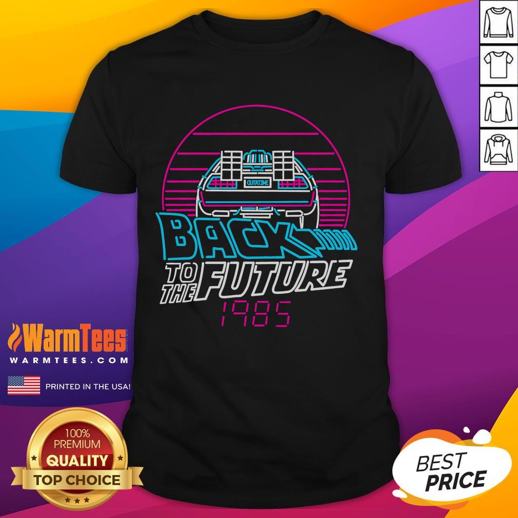 Awesome Back To The Future 1985 Car Retro Sunset T-Shirt featuring a classic DeLorean against a vibrant sunset background.