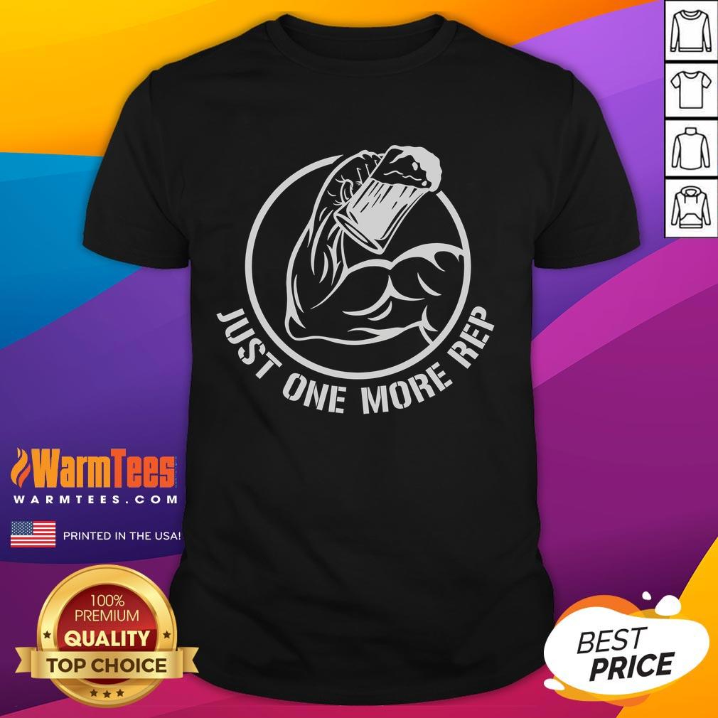 Alt Text: Awesome Beer Gym Just One More Rep T-Shirt featuring a fun fitness and beer-themed graphic design.