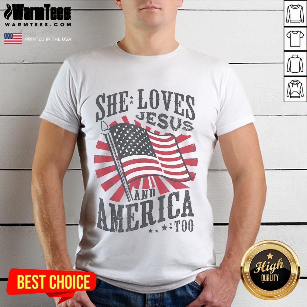 Alt Text: Awesome She Loves Jesus And America Too T-Shirt featuring the American flag, perfect for Christian patriots.
