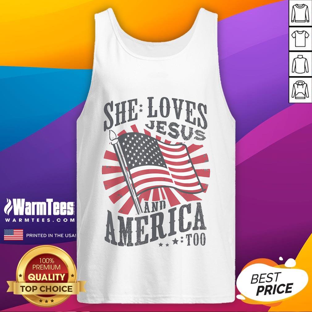 Awesome She Loves Jesus and America Too tank top featuring an American flag design for Christian fashion lovers.