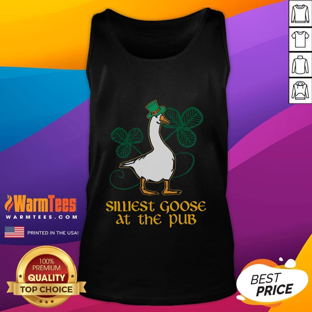 Awesome silliest goose at the pub wearing a St. Patrick's Day tank top, celebrating with festive spirit and fun.