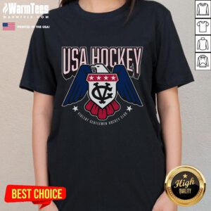 Alt Text: Awesome USA Hockey Star Spangled Violent Gentlemen Hockey Club Ladies Tee featuring a patriotic design.