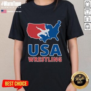 Alt Text: Awesome USA Wrestling US Map Ladies Tee featuring a stylish design and vibrant colors for wrestling enthusiasts.