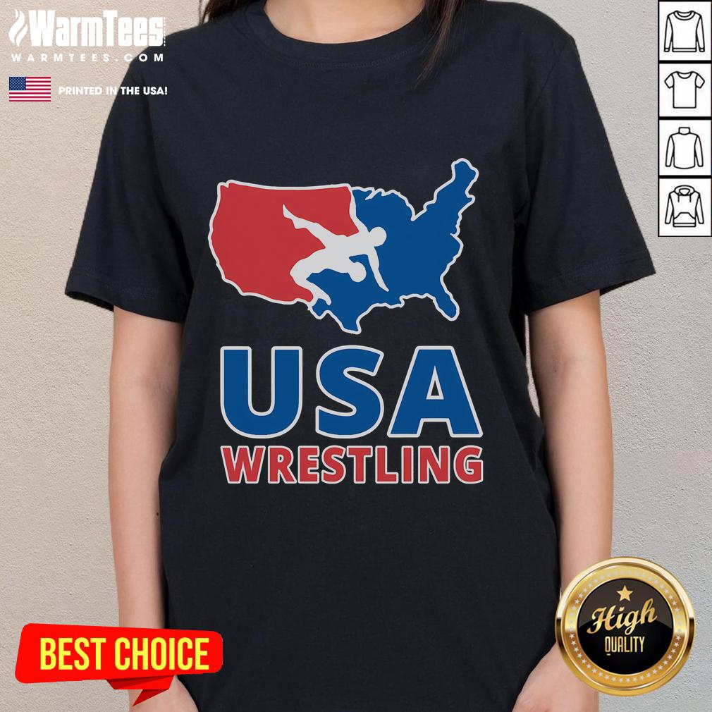 Alt Text: Awesome USA Wrestling US Map Ladies Tee featuring a stylish design and vibrant colors for wrestling enthusiasts.