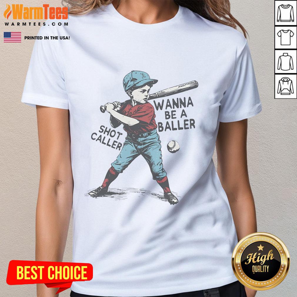Retro game day baseball tee for ladies featuring 'Wanna Be A Baller Shot Caller' design in vibrant colors.
